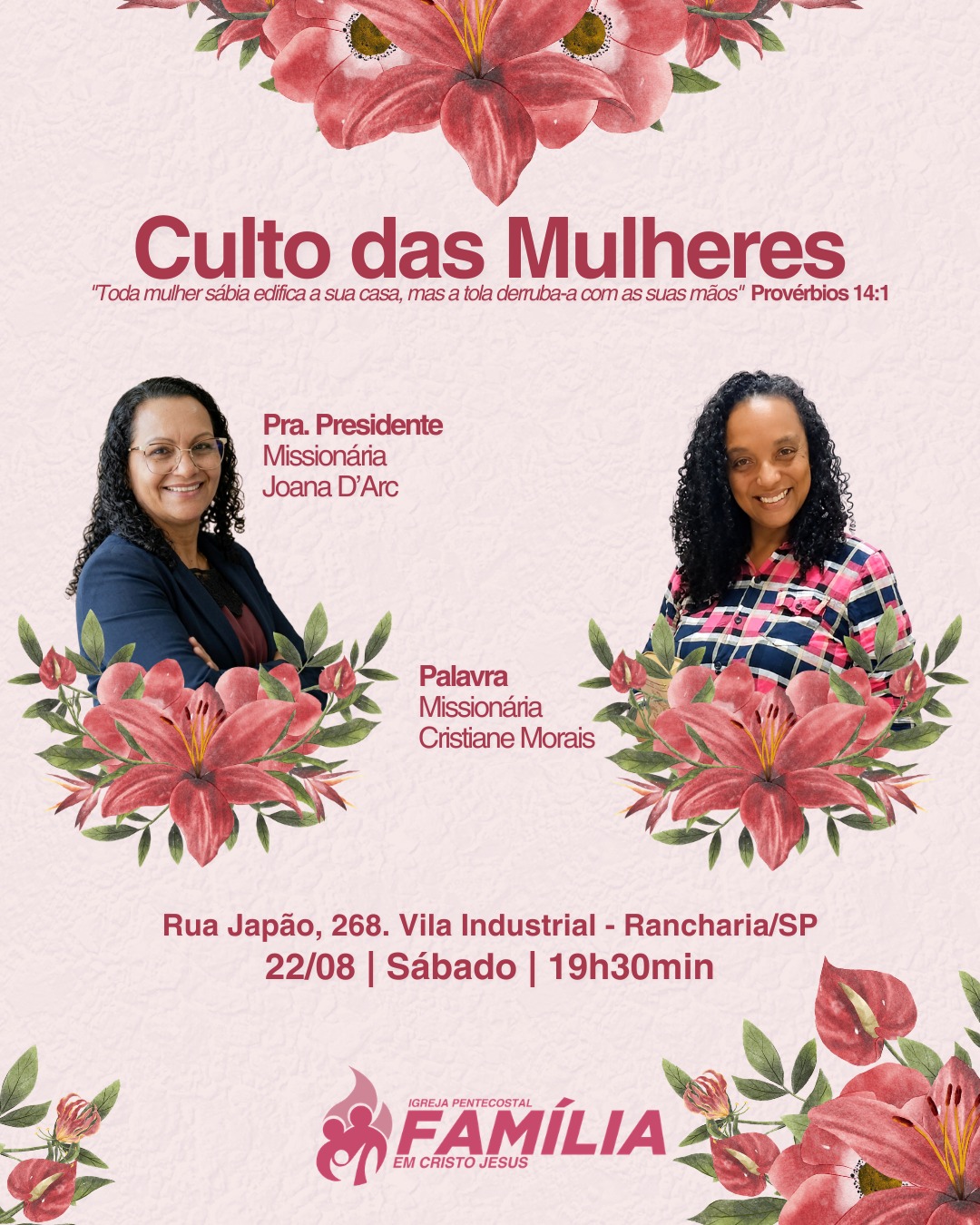 Cartaz do Culto das Mulheres, sábado, 22 de agosto, às 19h30